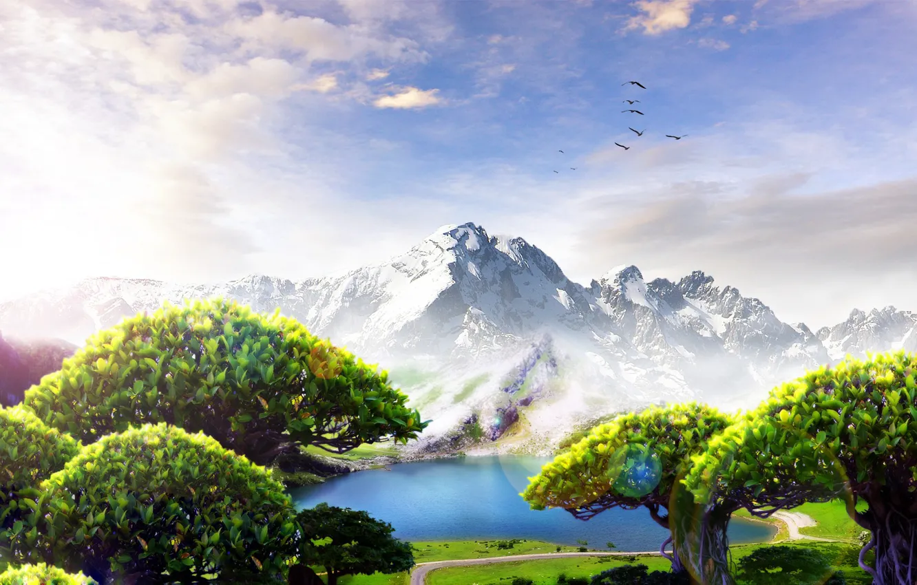 Фото обои облака, деревья, птицы, озеро, Горы