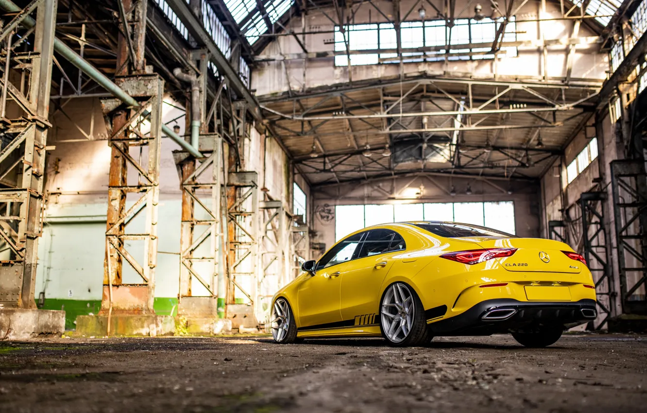 Фото обои Mercedes, Yellow, Side, Mercedes - Benz, CLA, Hangar, Rear, CLA 220