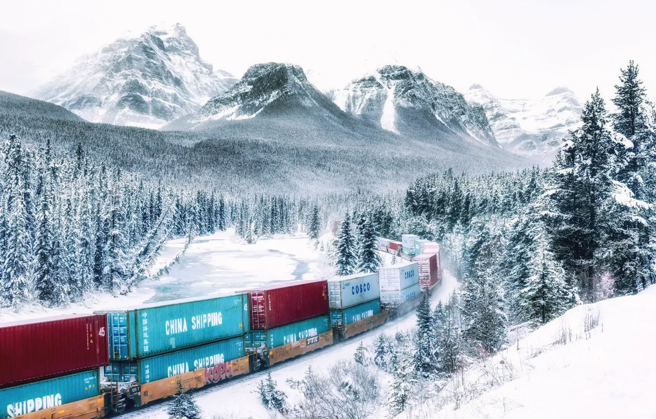 Фото обои зима, лес, снег, горы, поезд, Канада