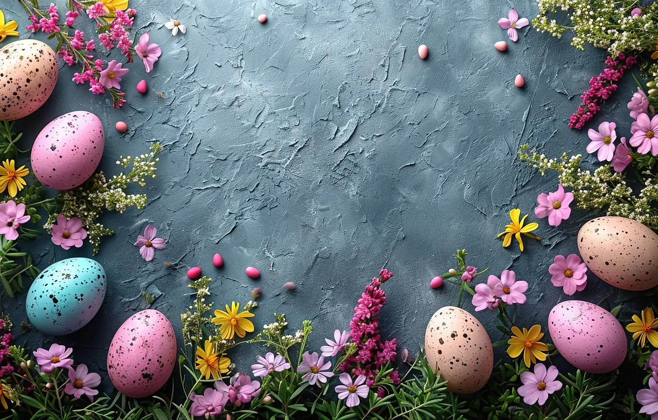 Фото обои цветы, яйца, весна, colorful, Пасха, happy, pink, flowers