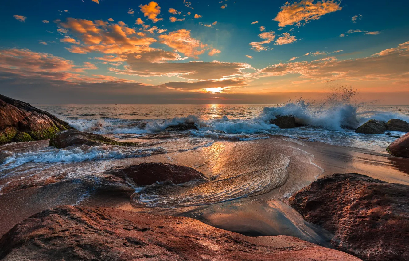 Фото обои закат, океан, скалы, берег, Волны