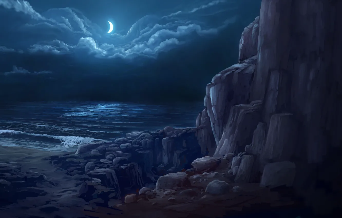Фото обои море, облака, ночь, скалы, берег, месяц, арт