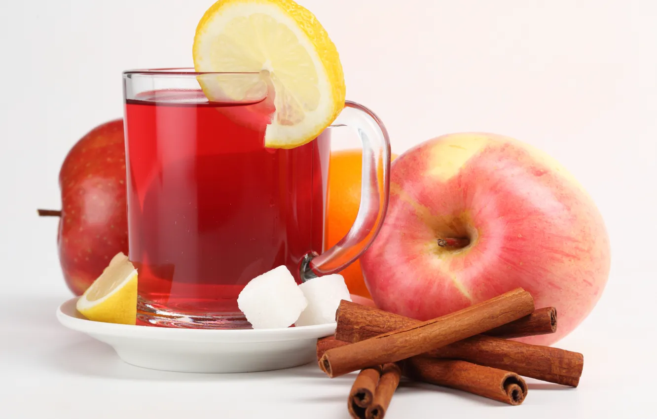 Фото обои лимон, чай, апельсин, чашка, сахар, напиток, блюдце, яблоки. корица