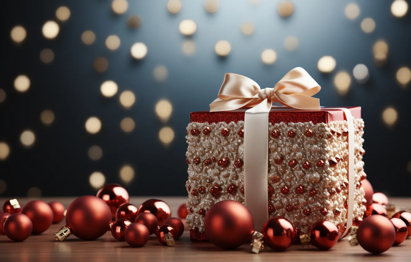 Фото обои шары, Рождество, подарки, Новый год, Christmas, balls, decoration, gift box