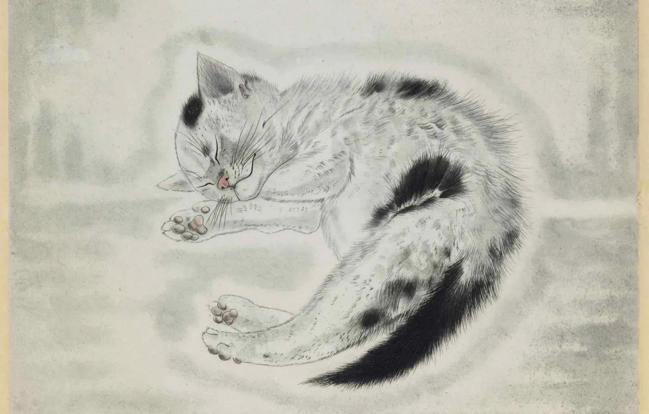 Фото обои хмурый, 1930, гравюра, Цугухару, Фудзита, спящий котенок, цветной офорт
