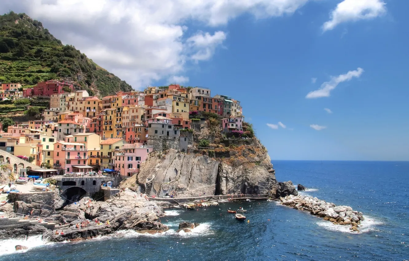 Фото обои море, пейзаж, скала, здания, Италия, Italy, Manarola, Манарола