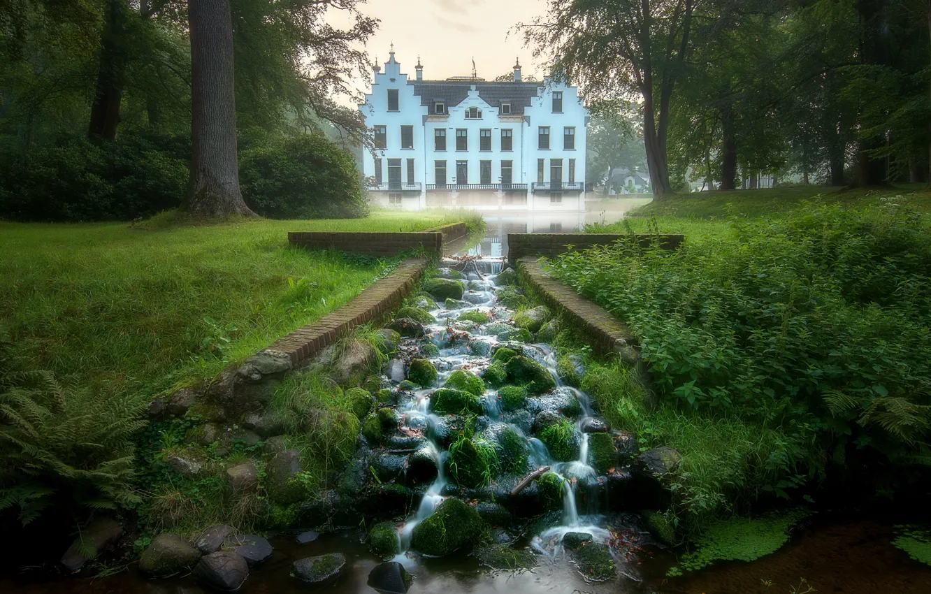 Фото обои парк, ручей, замок, Нидерланды, Netherlands, Staverden Castle, Ставерден, Замок Ставерден