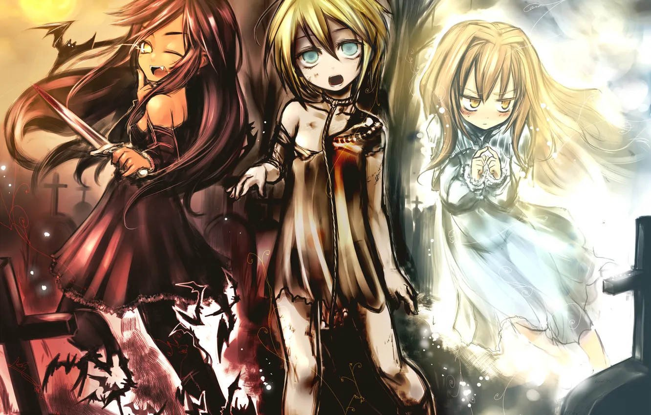Фото обои солнце, девушки, кресты, кровь, аниме, веревка, арт, нож