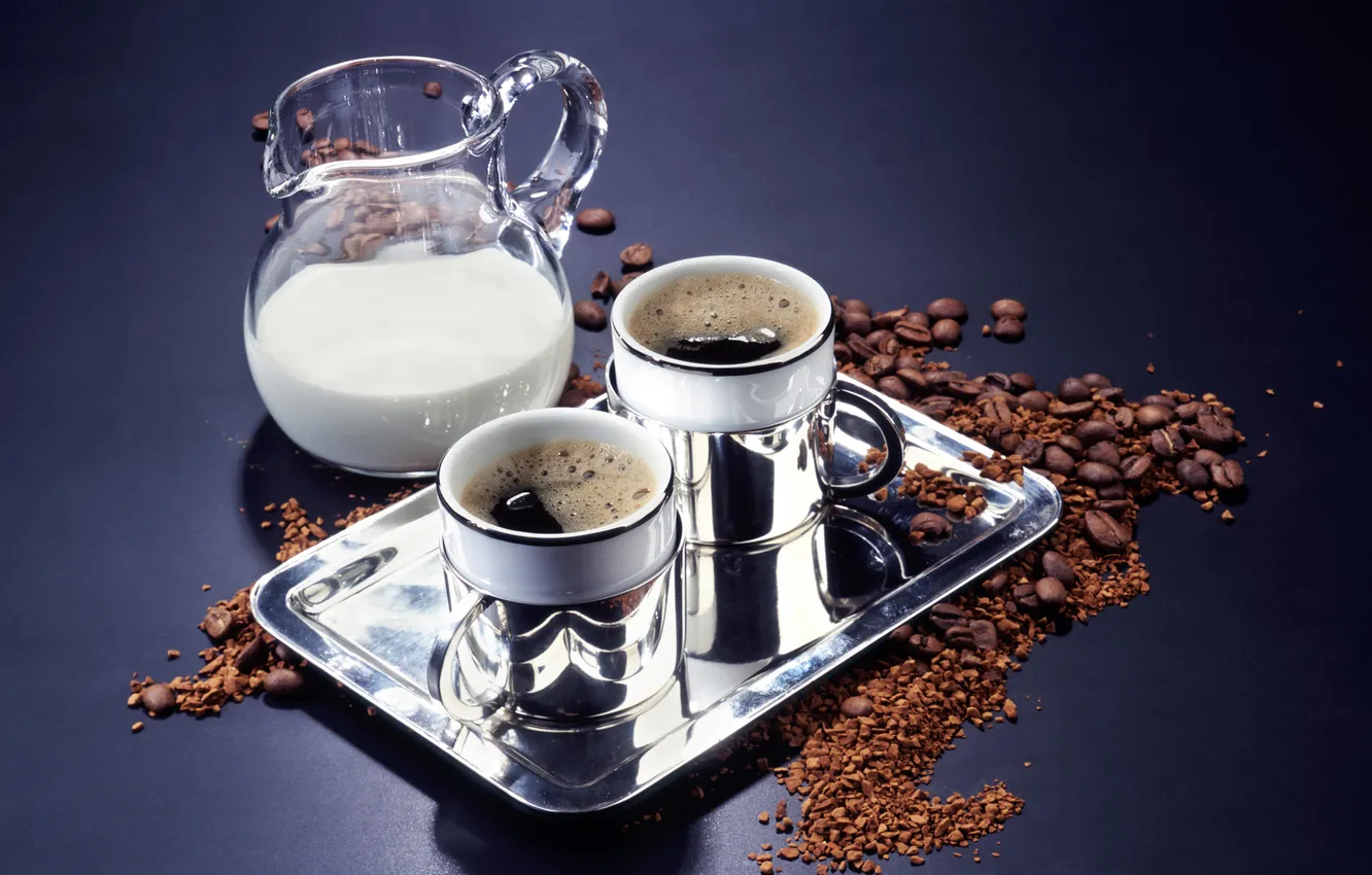 Фото обои coffee, tray, milk, cups, coffee beans