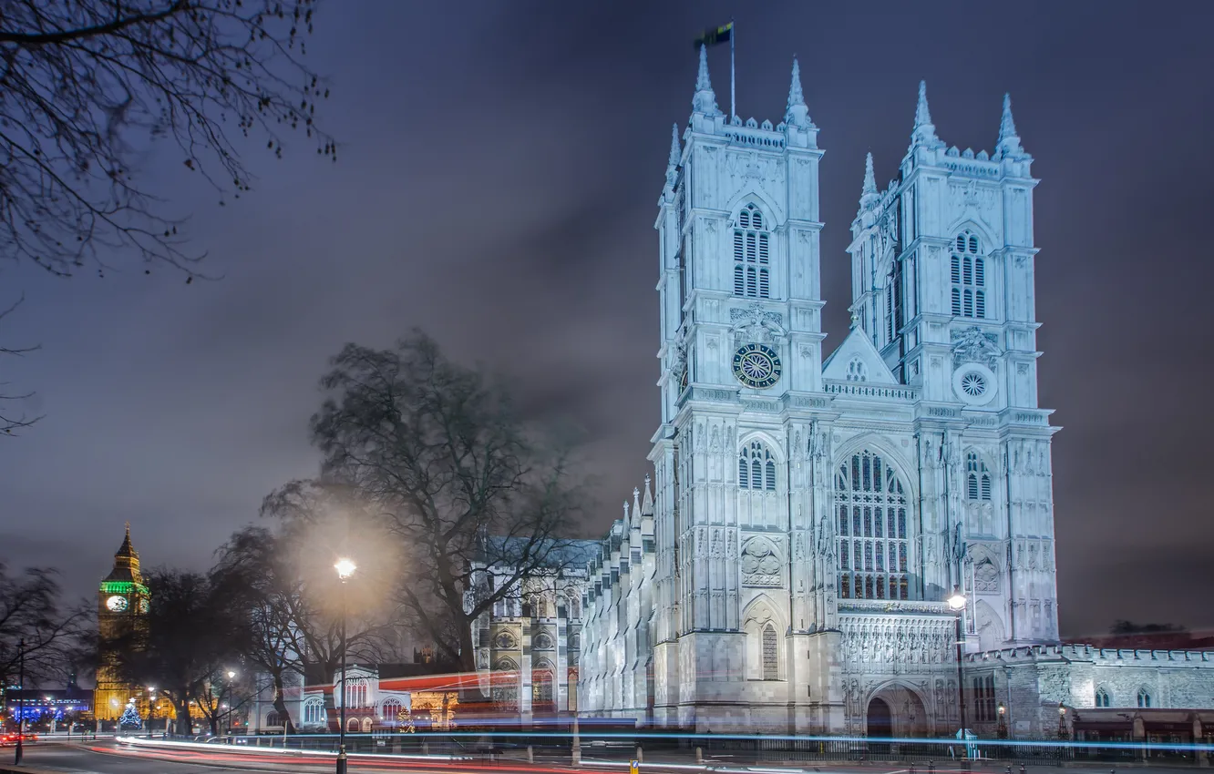 Фото обои ночь, огни, Англия, Лондон, Вестминстерское аббатство