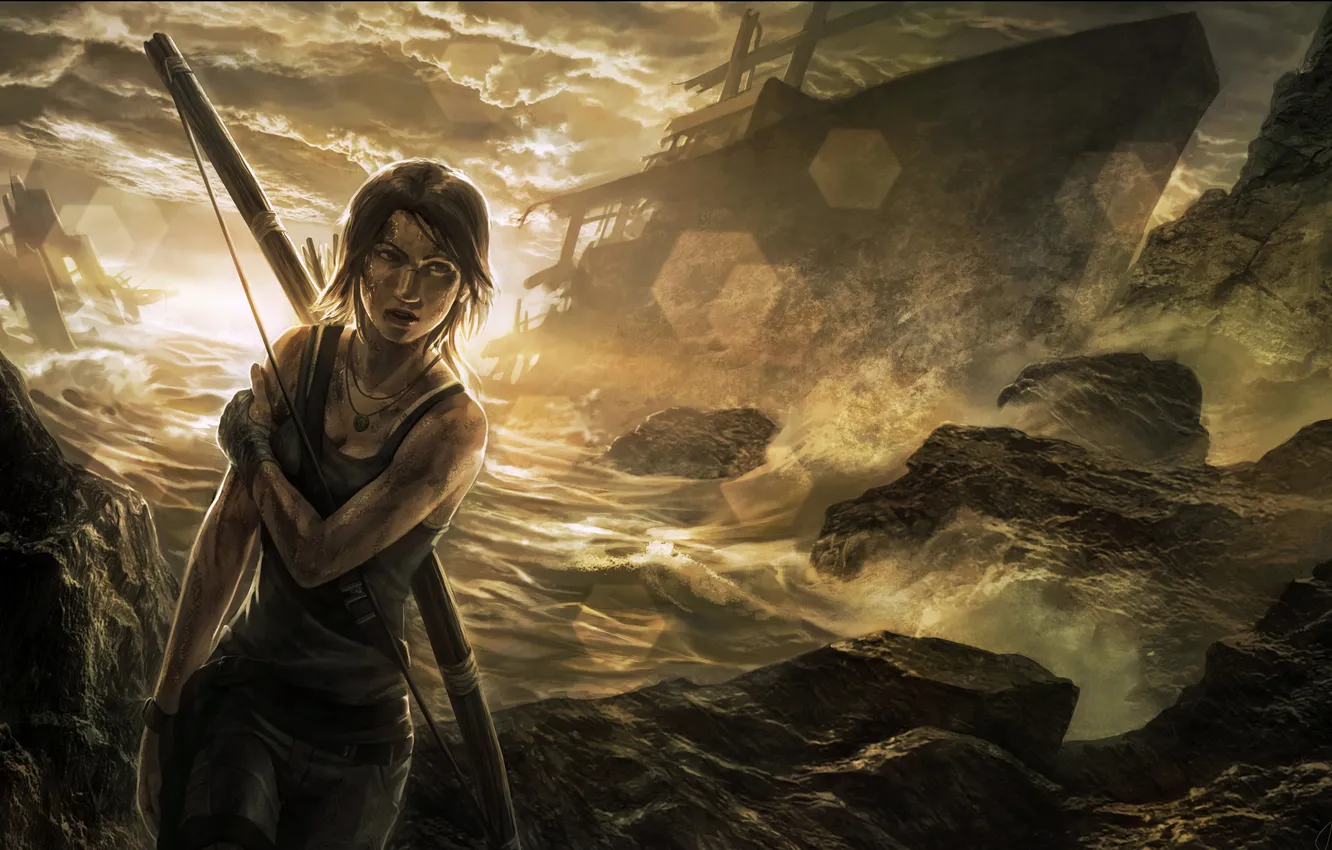 Фото обои девушка, корабль, лук, Tomb Raider, лара