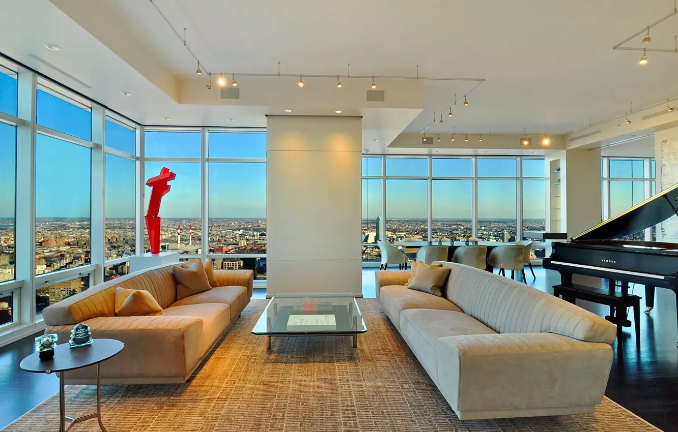 Фото обои интерьер, рояль, мегаполис, New York, гостиная, столовая