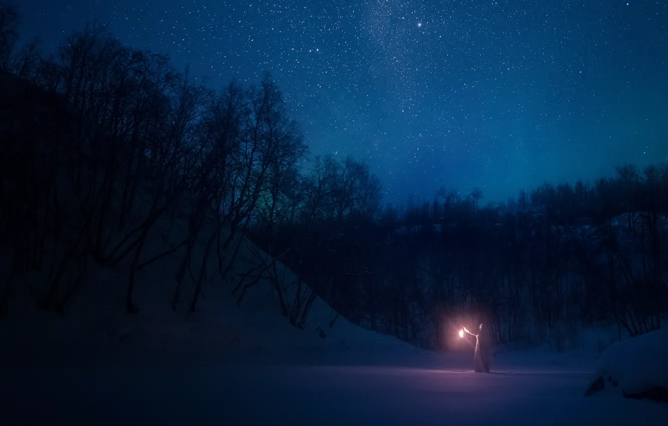 Фото обои зима, лес, девушка, звезды, снег, ночь, фонарь, ночное небо