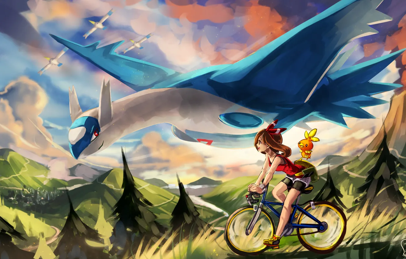 Фото обои девушка, велосипед, картина, покемон, pokemon, wingull, latios, torchic