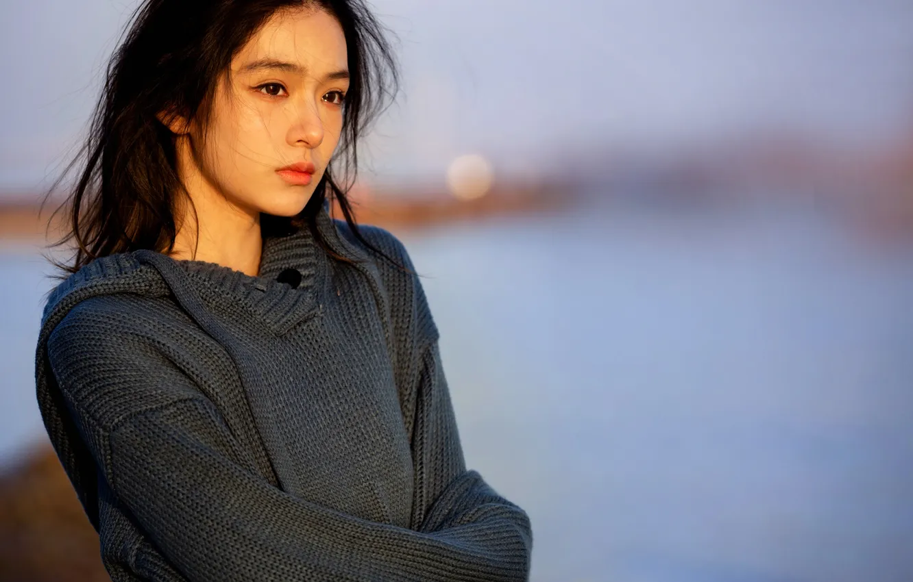 Фото обои Beautiful, Asian, Model, Water, Woman, Evening, Cute, Lake