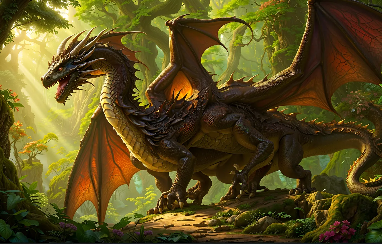 Фото обои forest, dragon, medieval, AI art
