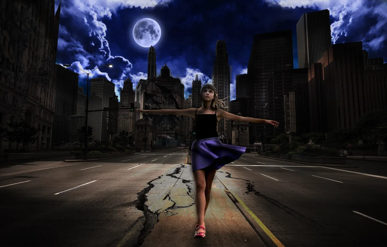 Фото обои girl, night, photoshop, buildings, earthquake