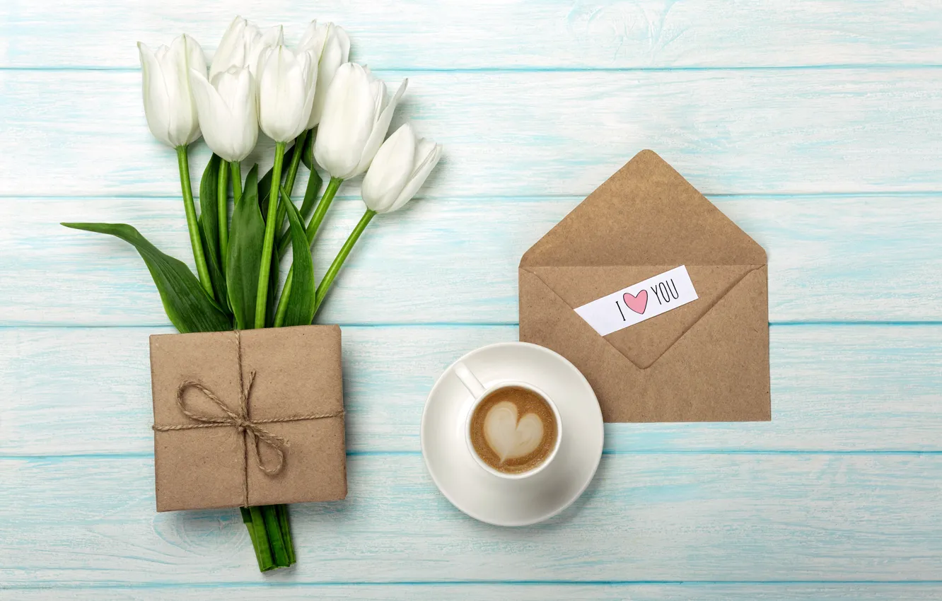 Фото обои любовь, подарок, букет, love, romantic, tulips, coffee cup, valentine's day