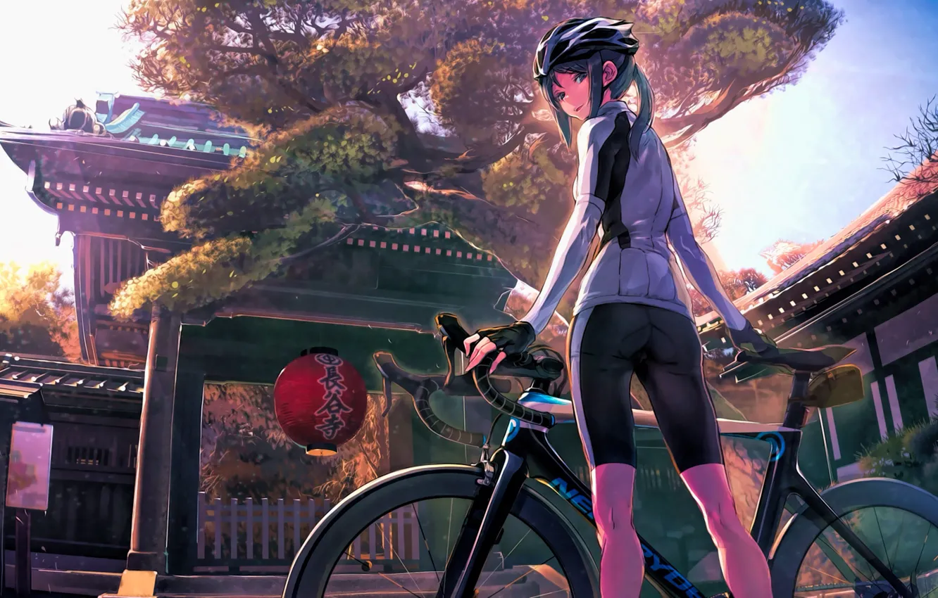 Фото обои велосипед, улица, Япония, фонарь, храм, шлем, школьница, спортивная одежда