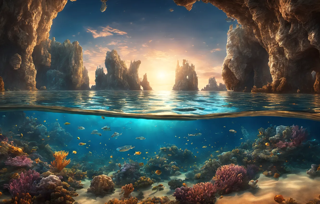 Фото обои sea, nature, sunset, rocks, fish