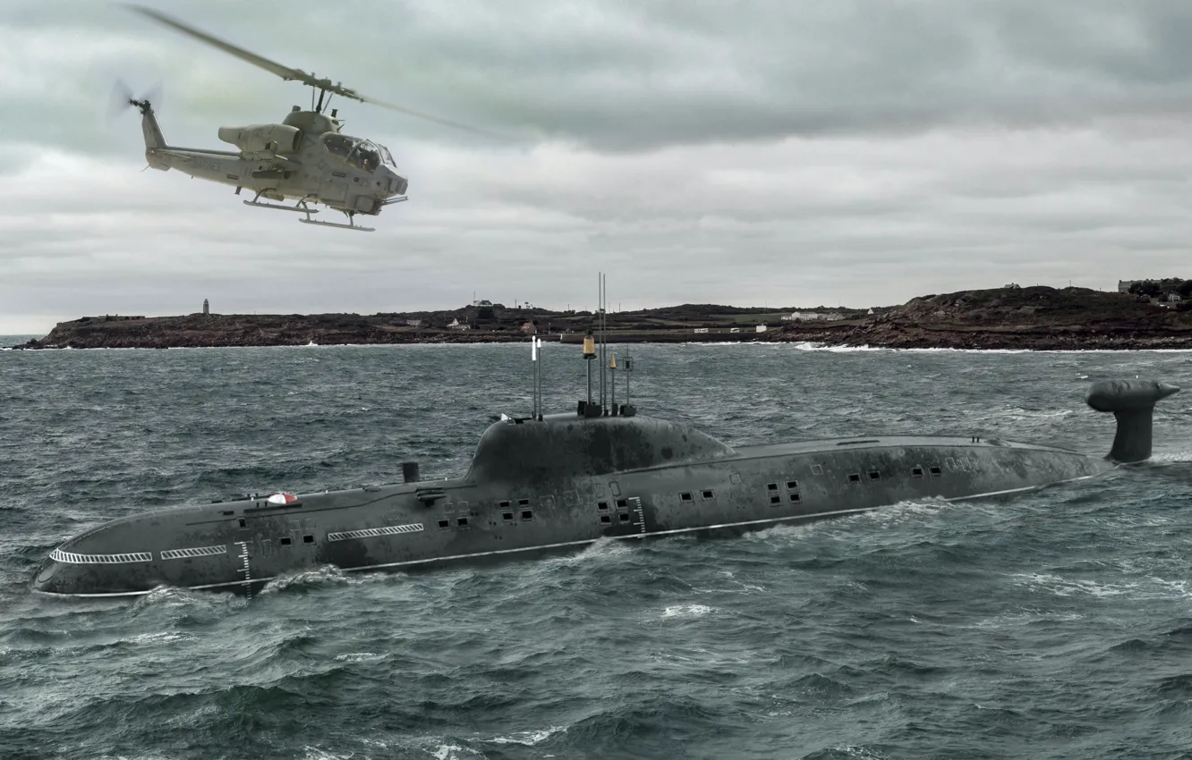 Фото обои море, субмарина, вертолёт