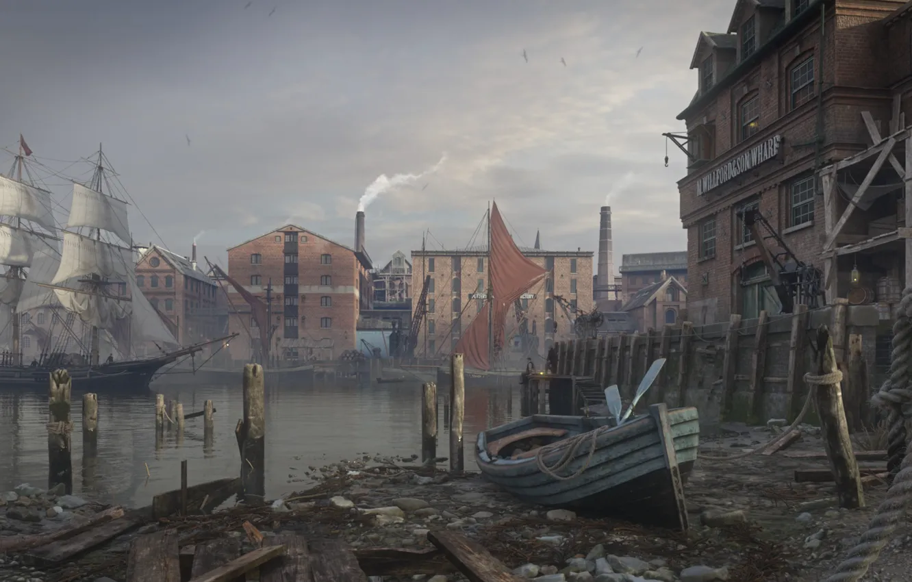 Фото обои город, лодка, здания, парусник, гавань, Thames depthneeded, Dmitry Kremiansky