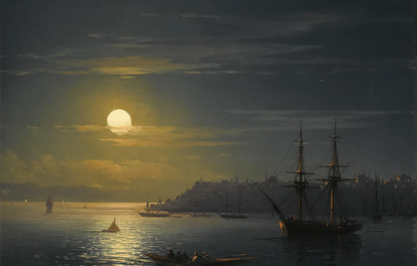 Фото обои картина, городской пейзаж, Иван Айвазовский, Вид Константинополя Лунной Ночью
