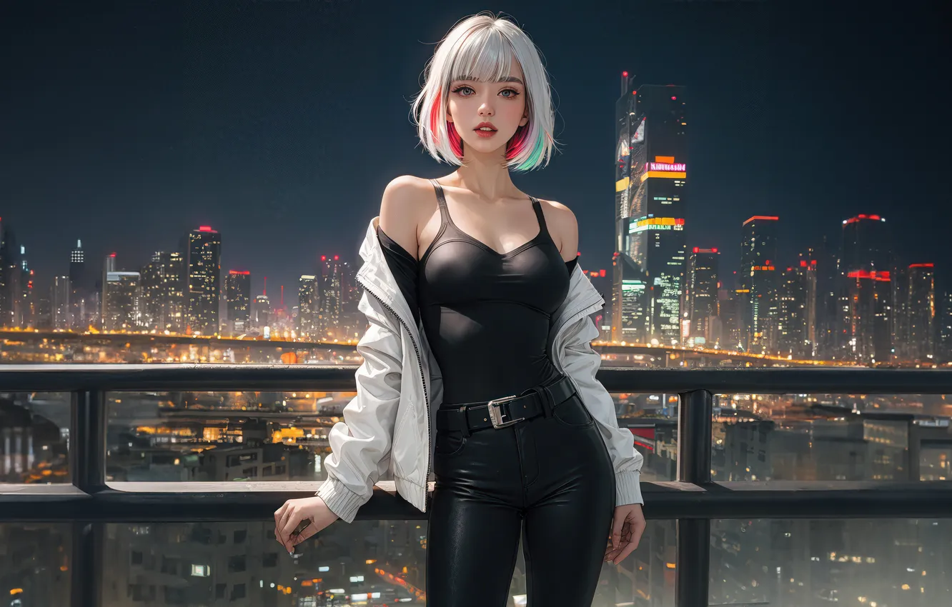 Фото обои Girl, City, Anime, Night, White Hair, Night City, Anime Girl, AI Art