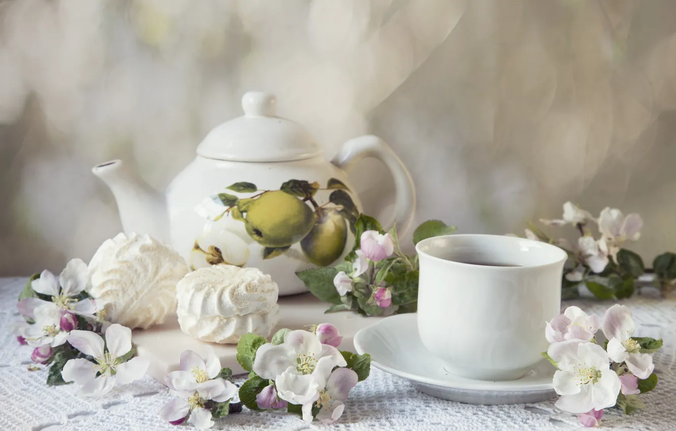 Фото обои цветы, чай, композиция, зефир, Ellygri