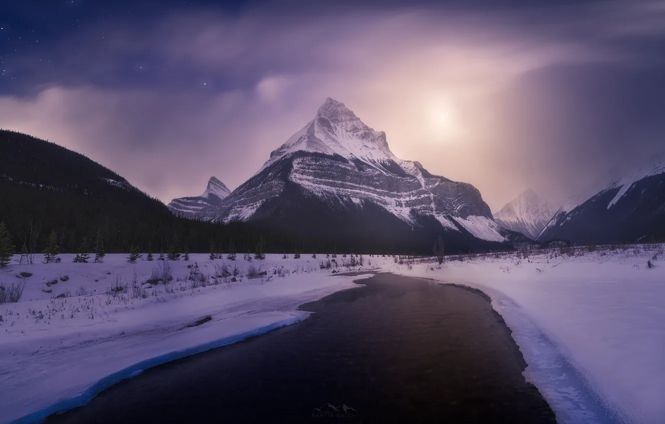 Фото обои зима, звезды, снег, горы, ночь, река