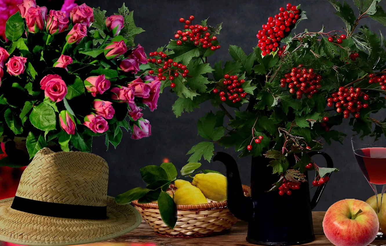 Фото обои лимон, яблоки, шляпа, Розы, натюрморт, калина