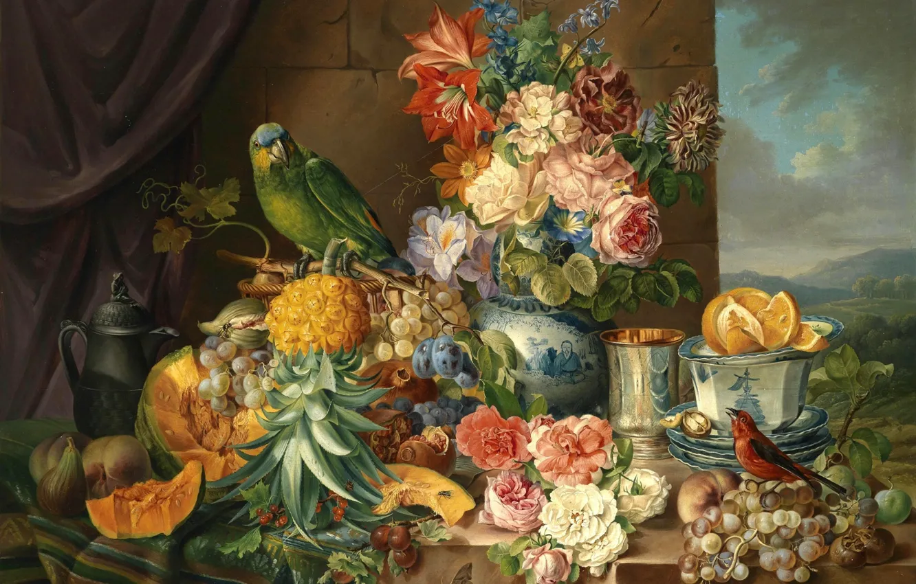 Фото обои птицы, чайник, попугай, виноград, чашка, ваза, ананас, живопись