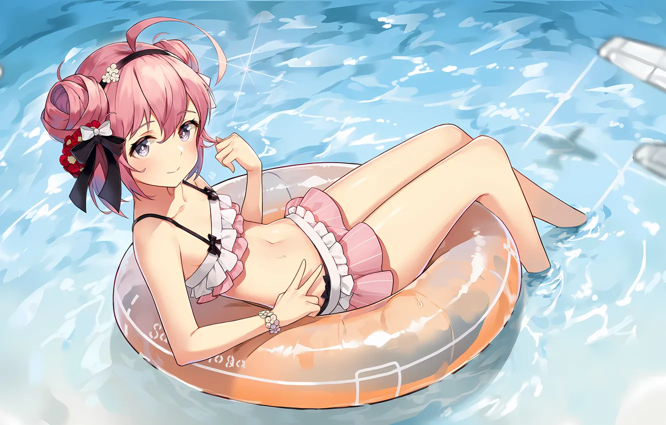 Фото обои girl, beach, blouse, pink hair, legs, sea, anime, water