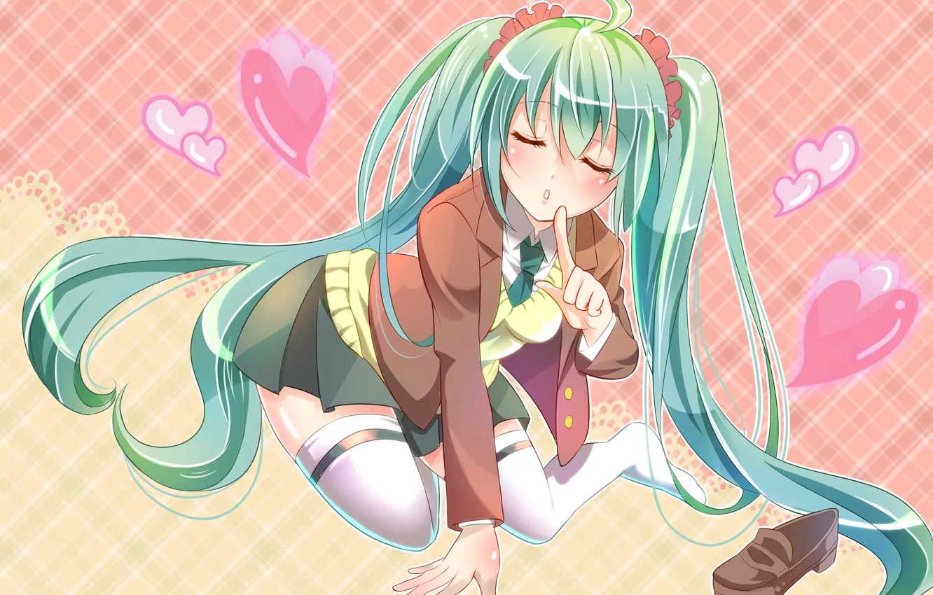 Фото обои девушка, фон, vocaloid, hatsune miku, жест, вокалоид, art, смущение