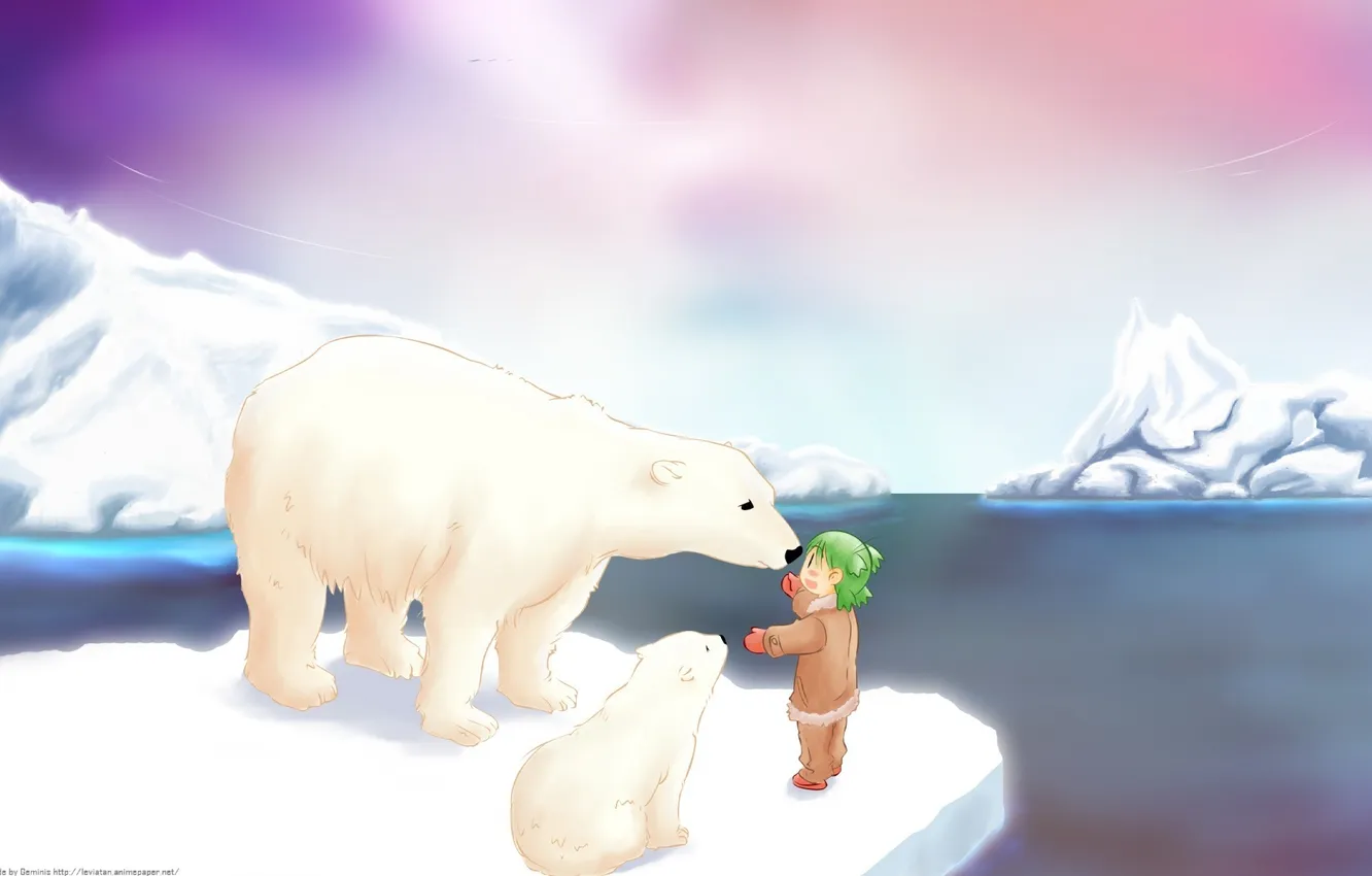 Фото обои снег, аниме, белый медведь, полюс, умка