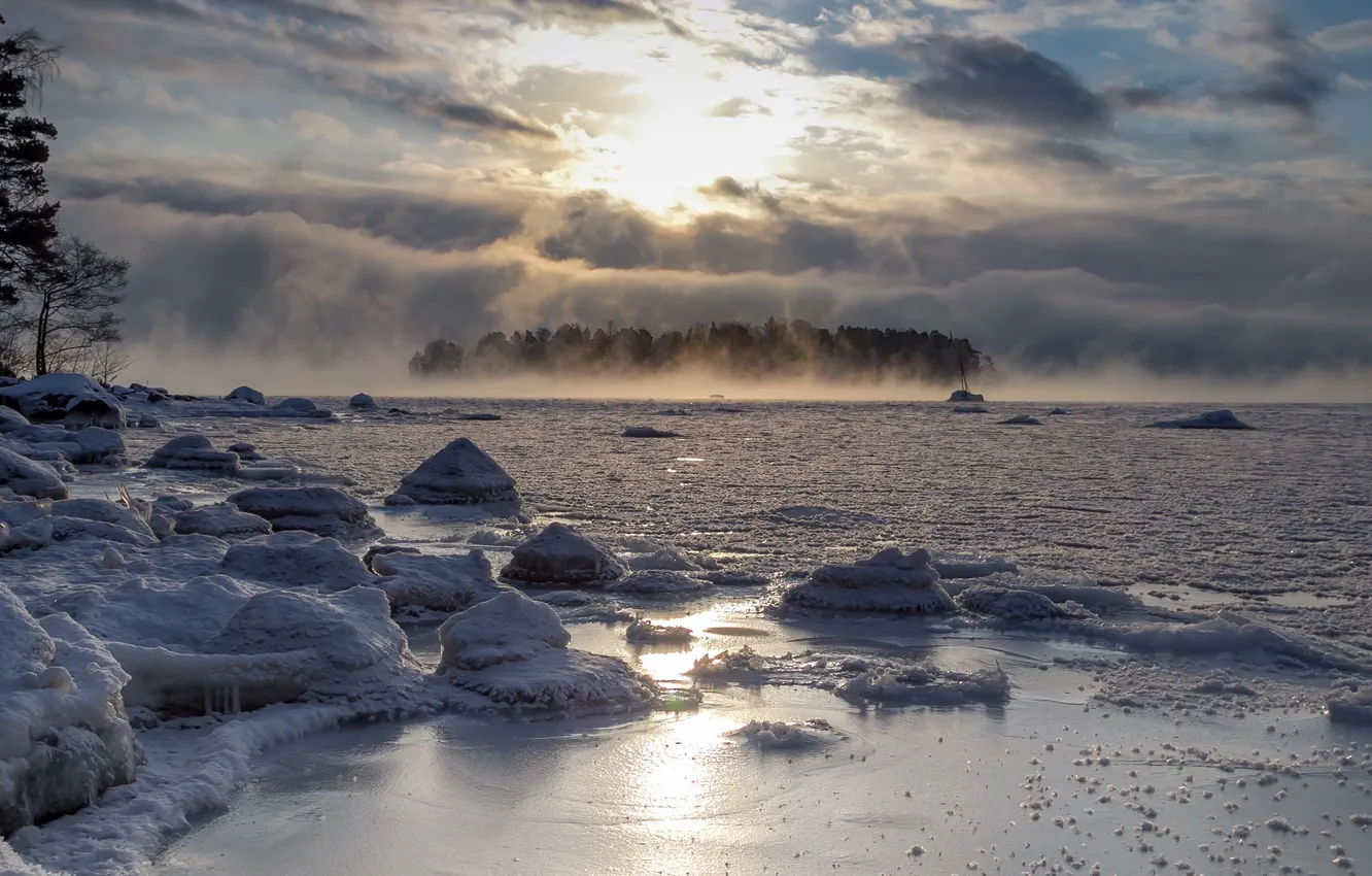 Фото обои зима, туман, озеро, утро