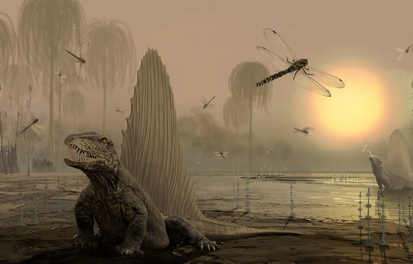 Фото обои растительность, водоём, ящеры, Dimetrodon, динозавря