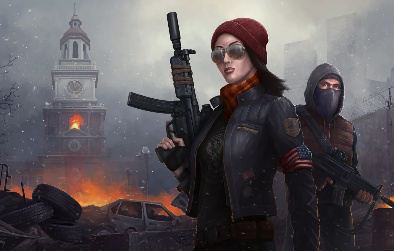 Фото обои девушка, оружие, огонь, война, башня, маска, очки, автомат