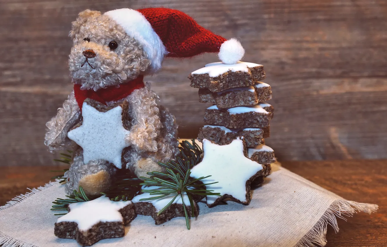 Фото обои зима, праздник, игрушка, медведь, печенье, Рождество, мишка, Новый год