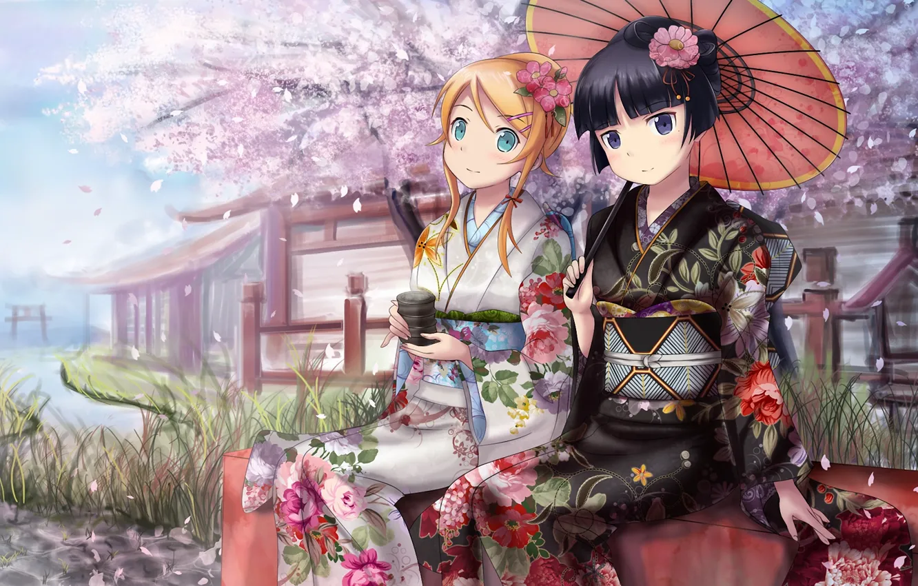 Фото обои река, зонтик, девушки, чай, зонт, лепестки, сакура, кимоно