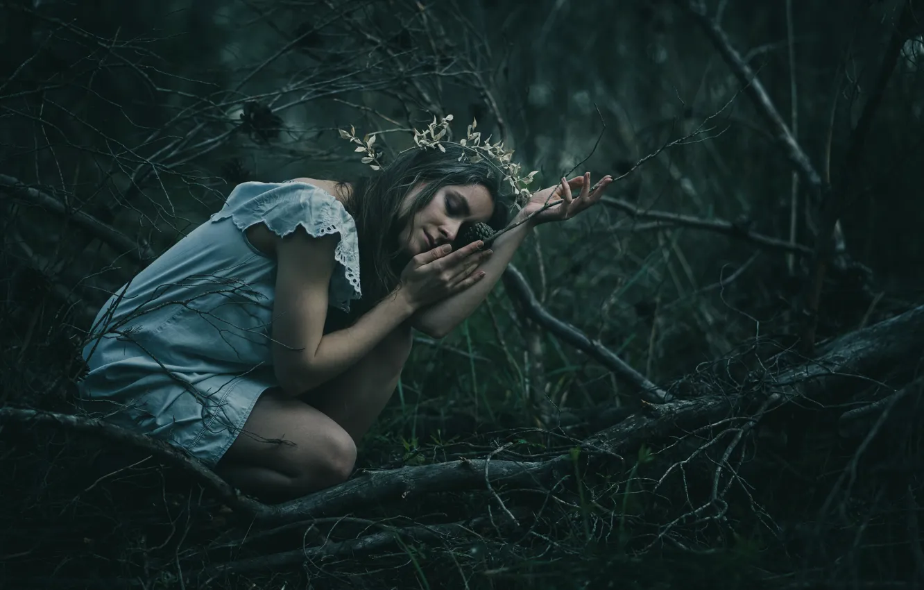 Фото обои лес, девушка, ветки, поза, настроение, ситуация, руки, платье