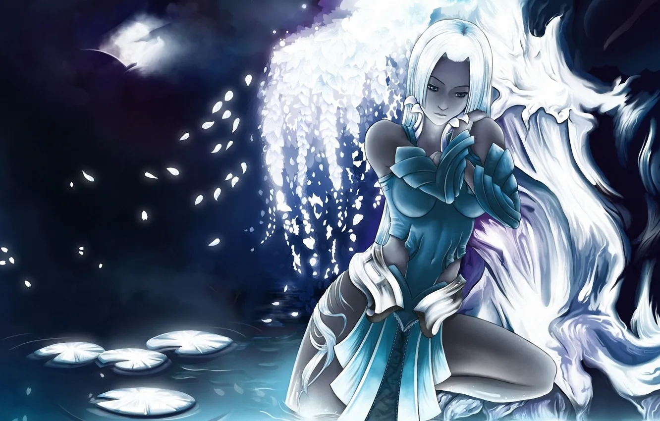 Фото обои грусть, листья, девушка, деревья, пруд, круглый, лепестки, арт