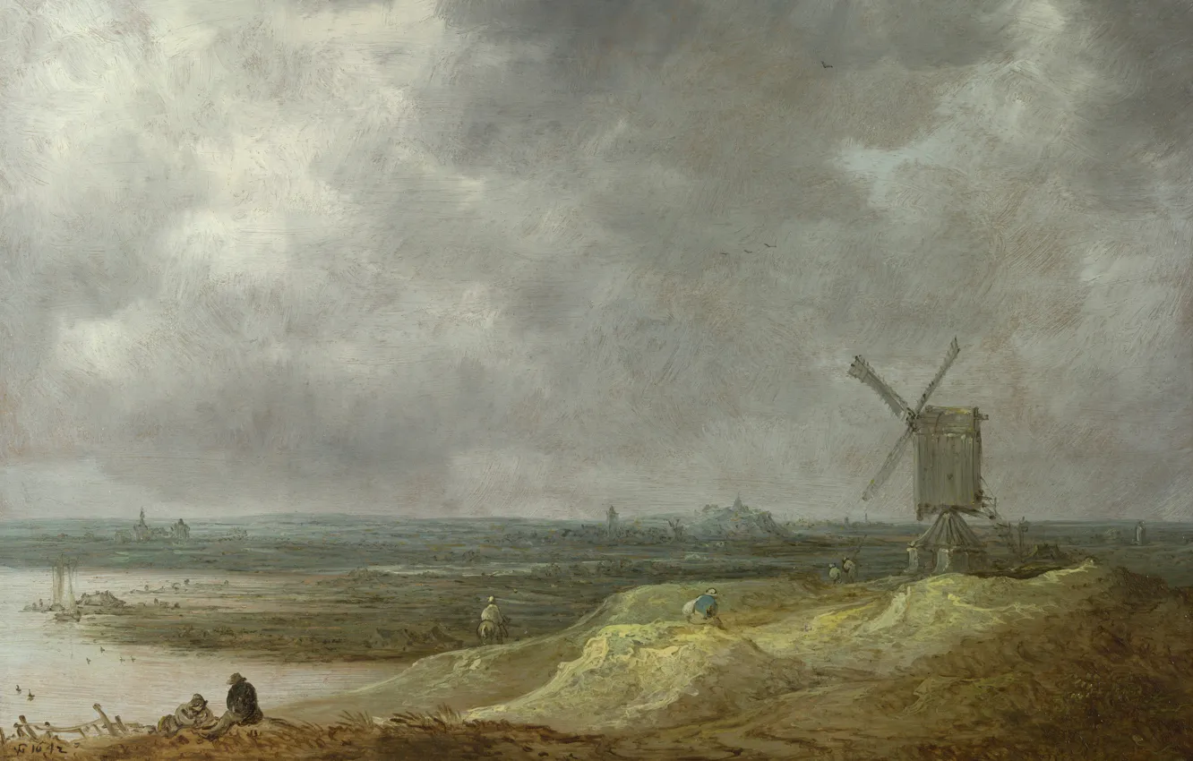 Фото обои пейзаж, картина, Jan van Goyen, Ян ван Гойен, Ветряная Мельница у Реки