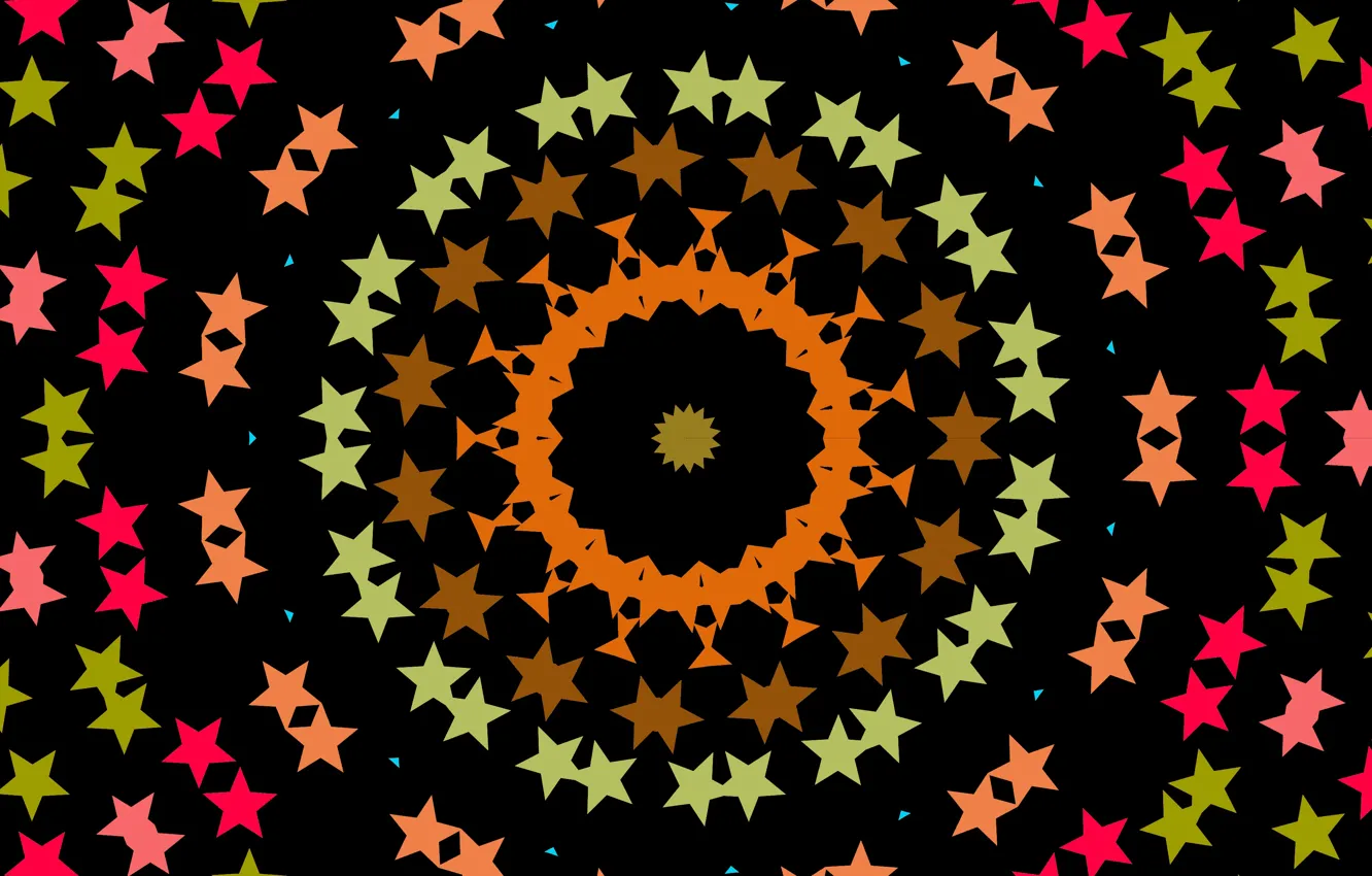 Фото обои узор, круг, чёрный фон, калейдоскоп, красные звезды