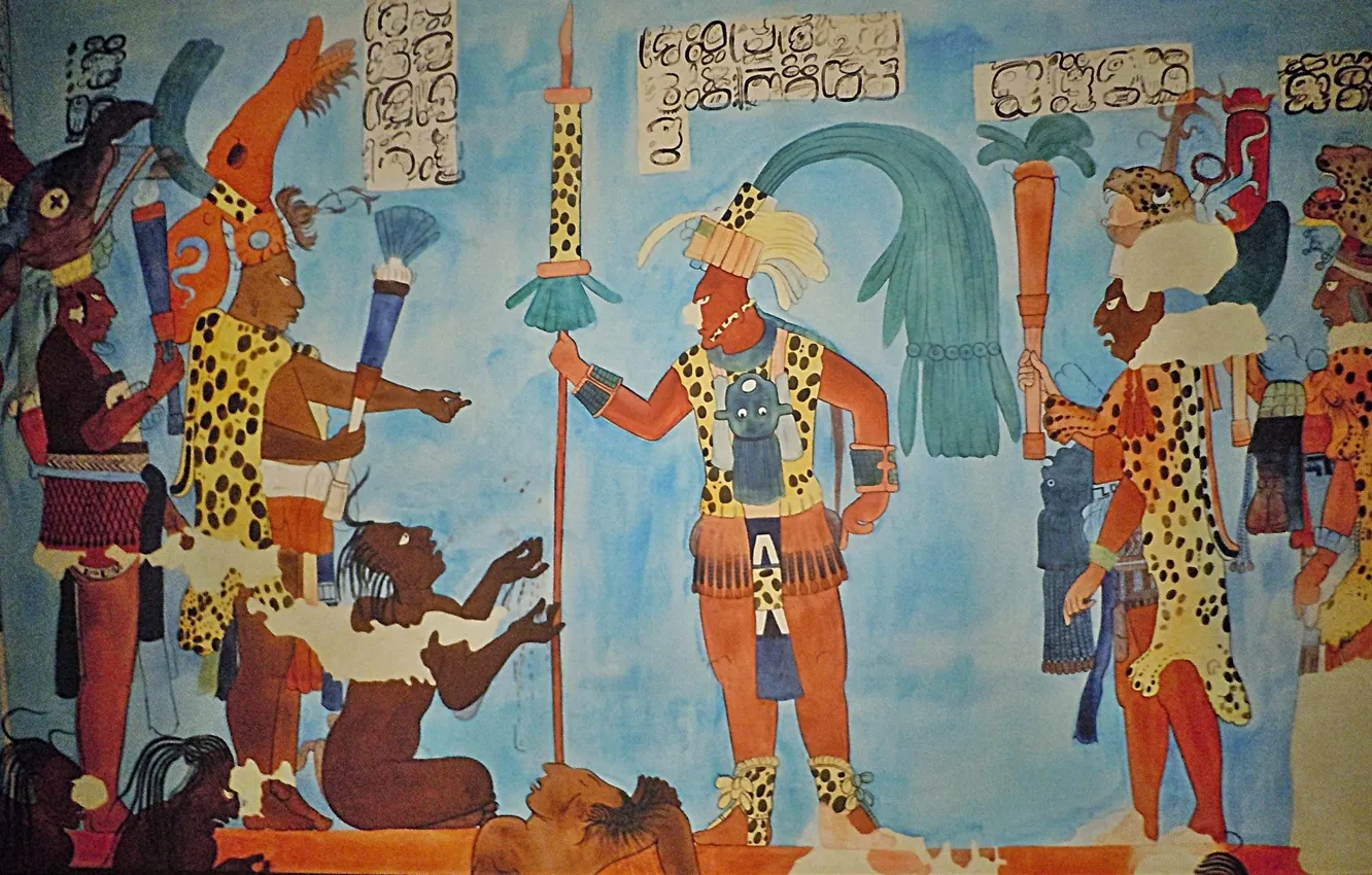 Фото обои надписи, рисунки, наследие, Maya, исскуство, фрески Майя, murals at Bonampak ruler and captives, murals and …