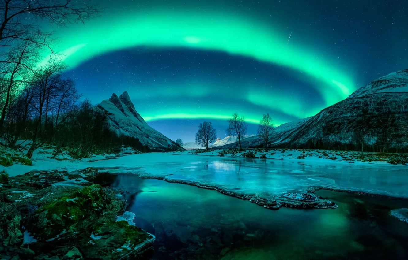 Фото обои зима, небо, вода, пейзаж, горы, ночь, природа, лёд