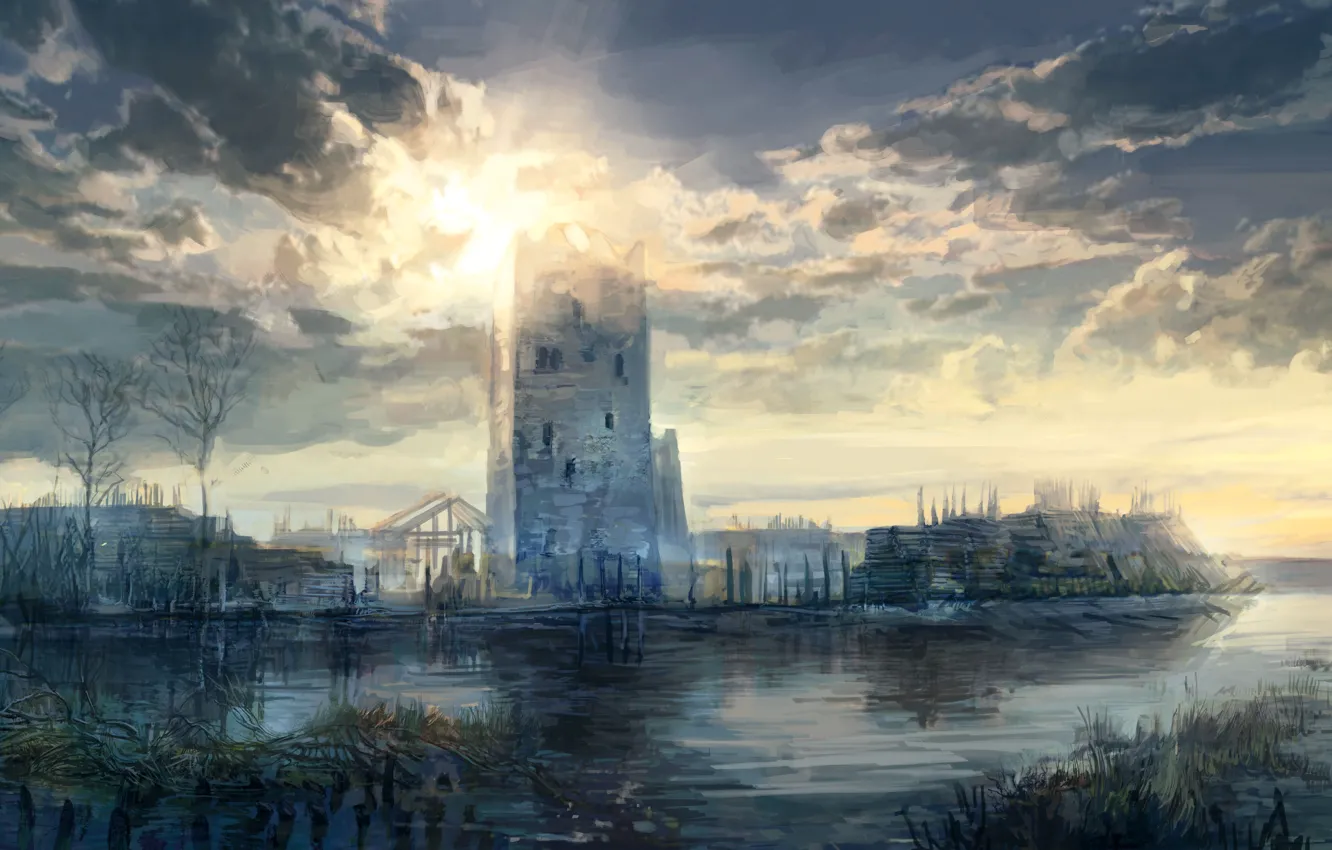 Фото обои небо, облака, деревья, озеро, башня, арт, крепость, Ведьмак 3: Дикая Охота