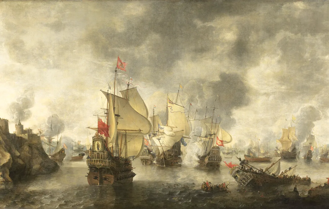 Фото обои масло, картина, холст, 1656, Abraham Beerstraten, Абрахам Берстратен, Битва объединенных венецианских и голландских флот