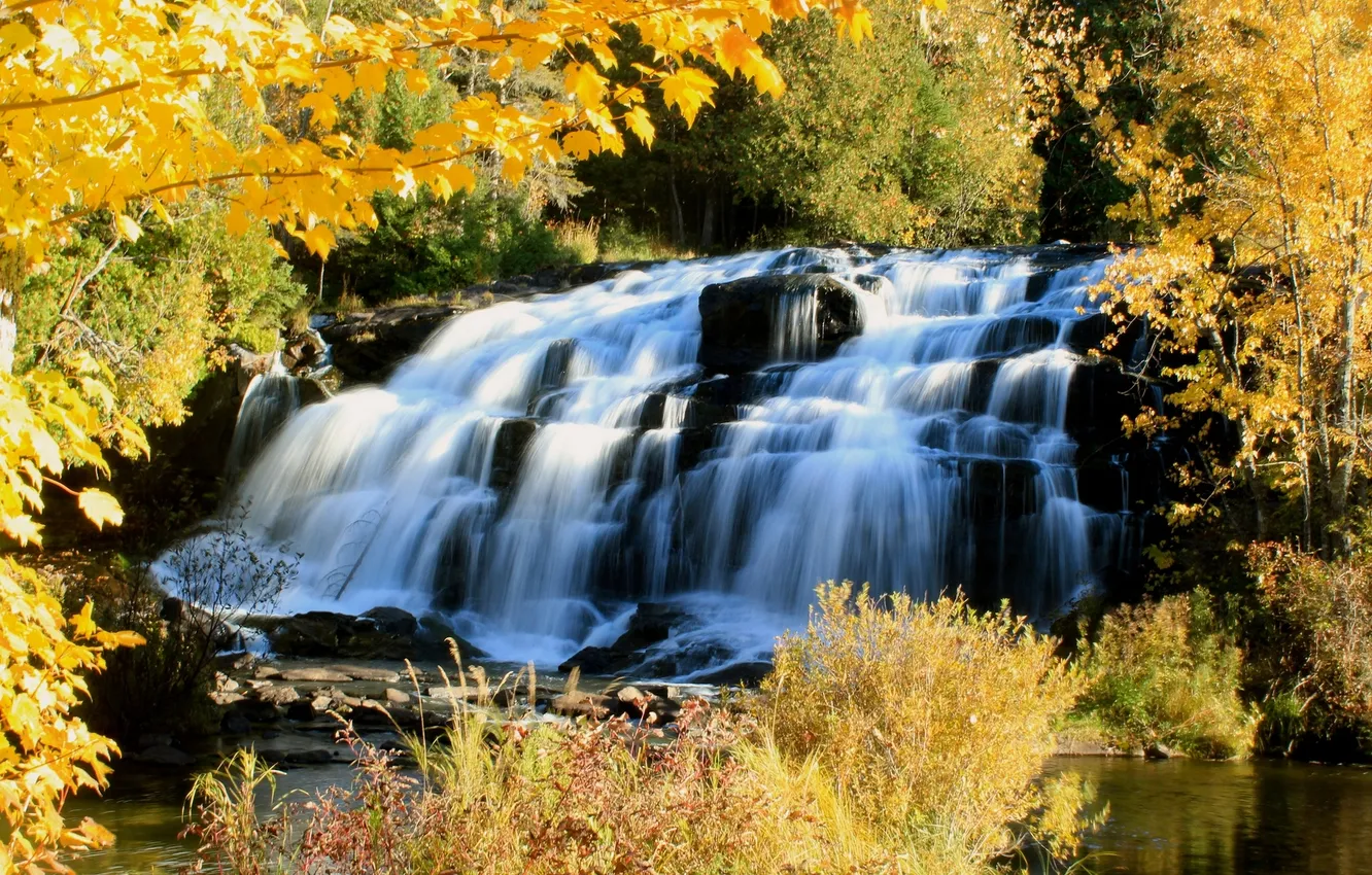 Фото обои осень, деревья, водопад, каскад, Michigan, Bond Falls