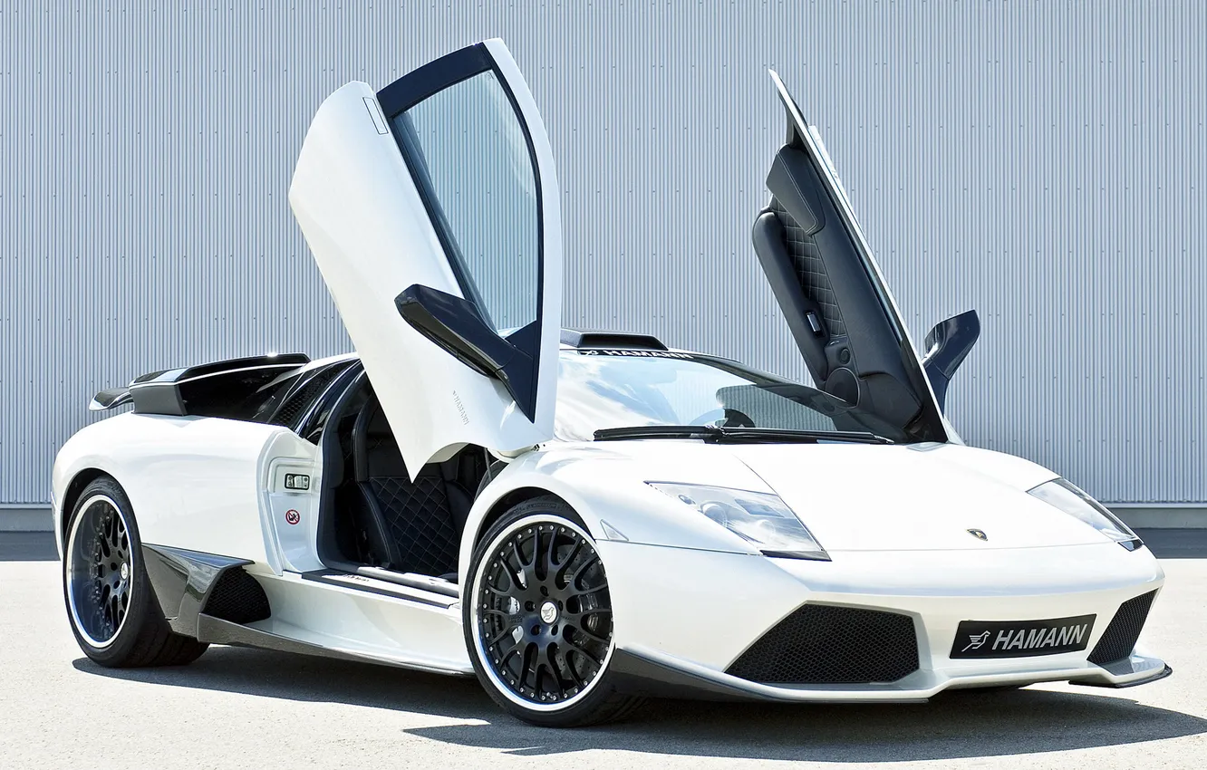 Фото обои белый, Lamborghini, двери, Hamann, автомобиль, Murcielago, передок, LP640
